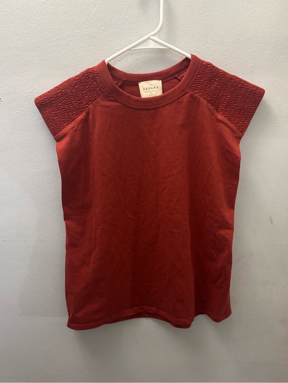 Sezane Rust Red Textured Sleeve Tee